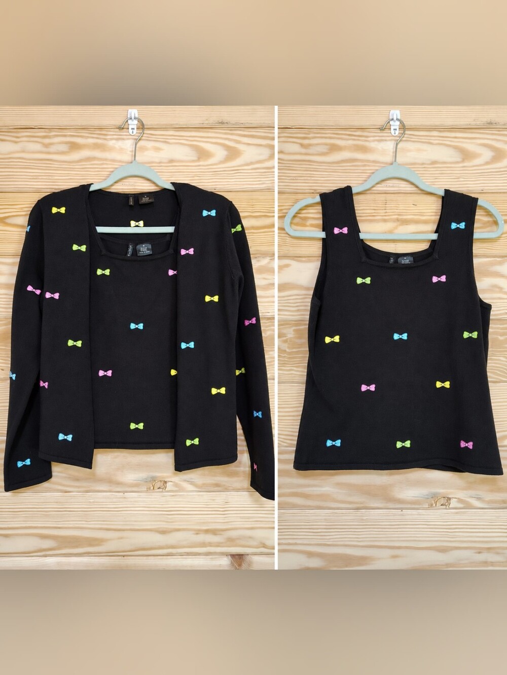 Etoile Black Bow Cardigan Tank Sweater Set M Embroidered Square Neck Preppy Chic